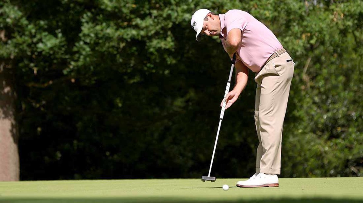 Charl Schwartzel putts during the LIV Golf Invitational Series event in London.