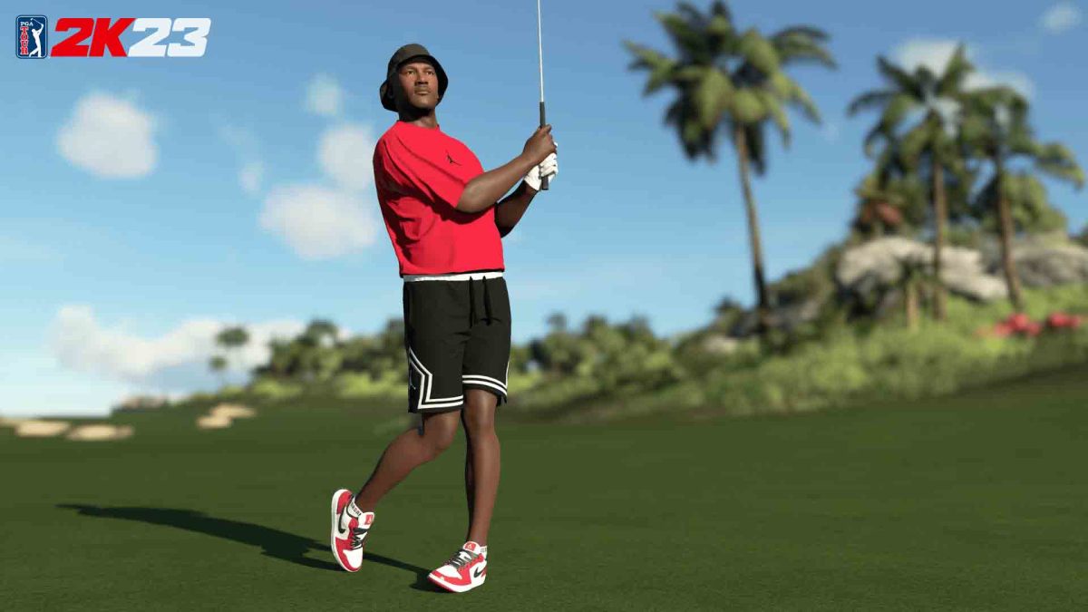 Michael Jordan is pictured swinging in the PGA Tour 2K23 video game.