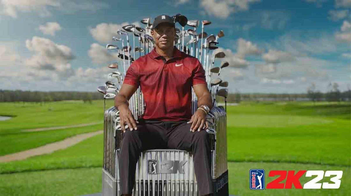 Tiger Woods is pictured sitting on a throne of golf clubs in the PGA Tour 2K23 video game.
