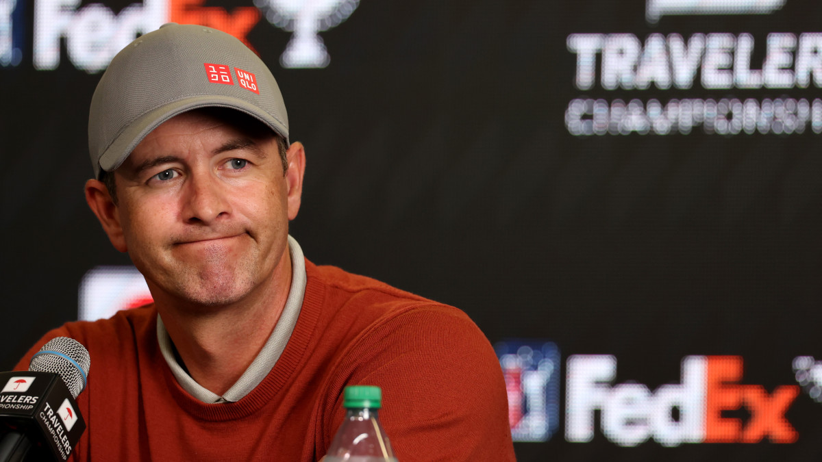 Adam Scott of Australia answers a question during a news conference after playing a practice round prior to the Travelers Championship at TPC River Highlands on June 21, 2023 in Cromwell, Connecticut.