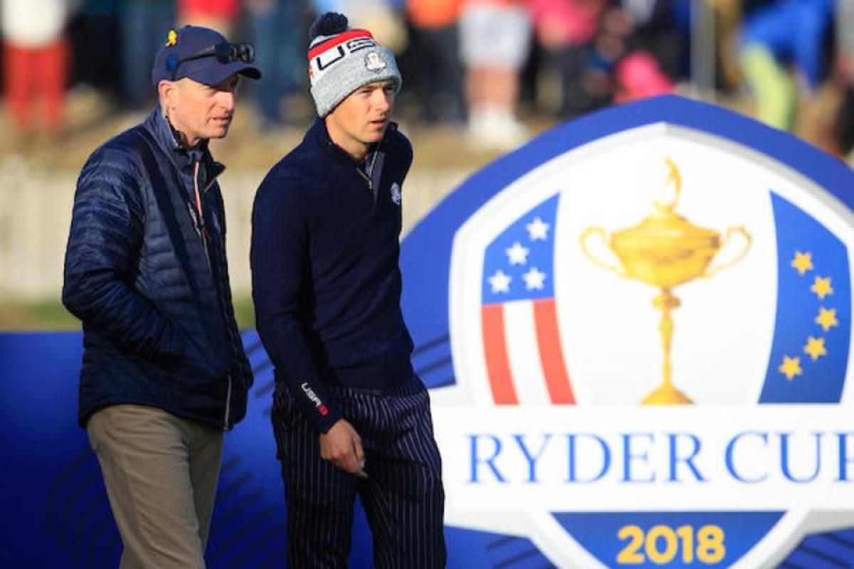 Captain Jim Furyk (left), Jordan Spieth and the rest of the American team face a tall task today in the Ryder Cup: erase a 4-point deficit.