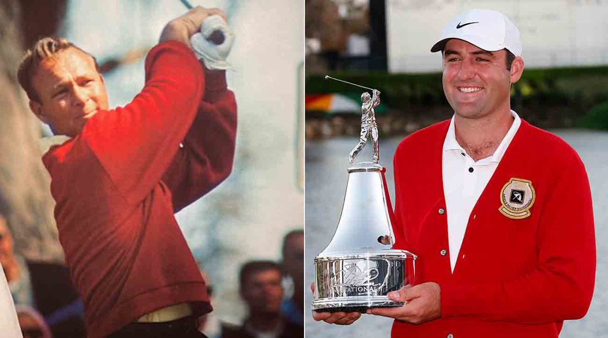 Arnold Palmer swings next to a photo of 2022 Arnold Palmer Invitational winner Scottie Scheffler.