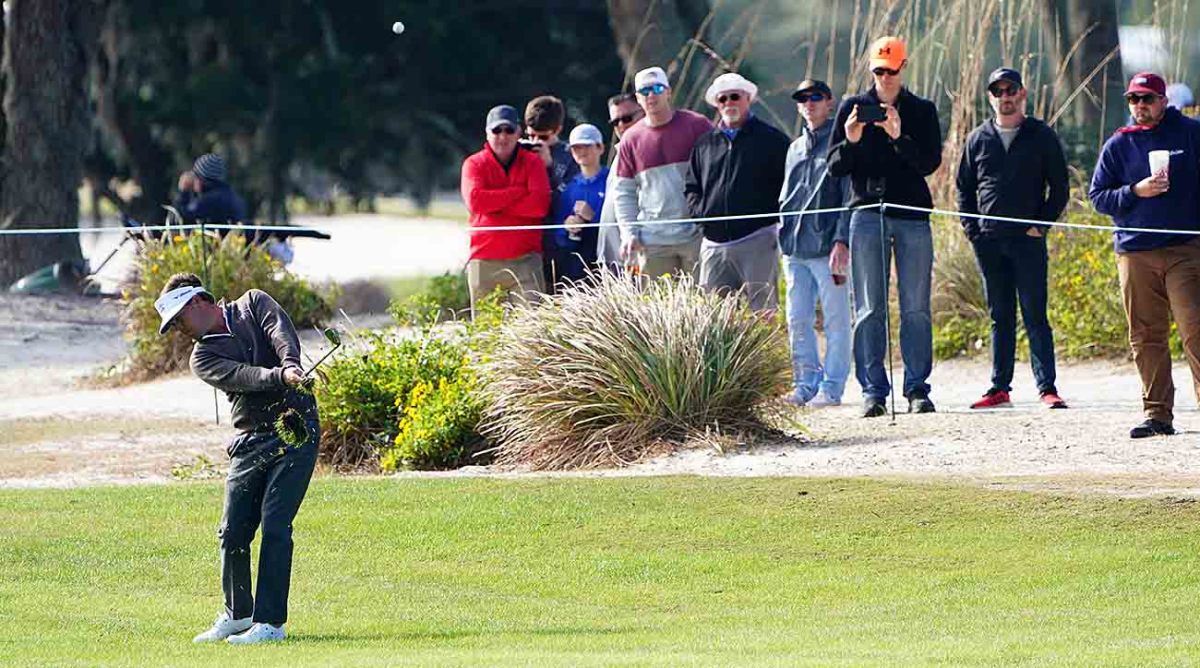 Keith Mitchell hits a shot in front of fans at the 2021 RSM Classic.