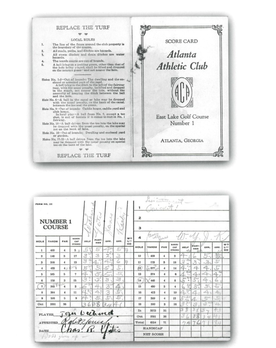 The original scorecard, which was kept by sportswriter O.B. Keeler of the Atlanta Journal, details the 1935 exhibition that matched Bobby Jones and Dorothy Kirby against Charlie Yates and Joyce Wethered at East Lake Golf Club in Atlanta.