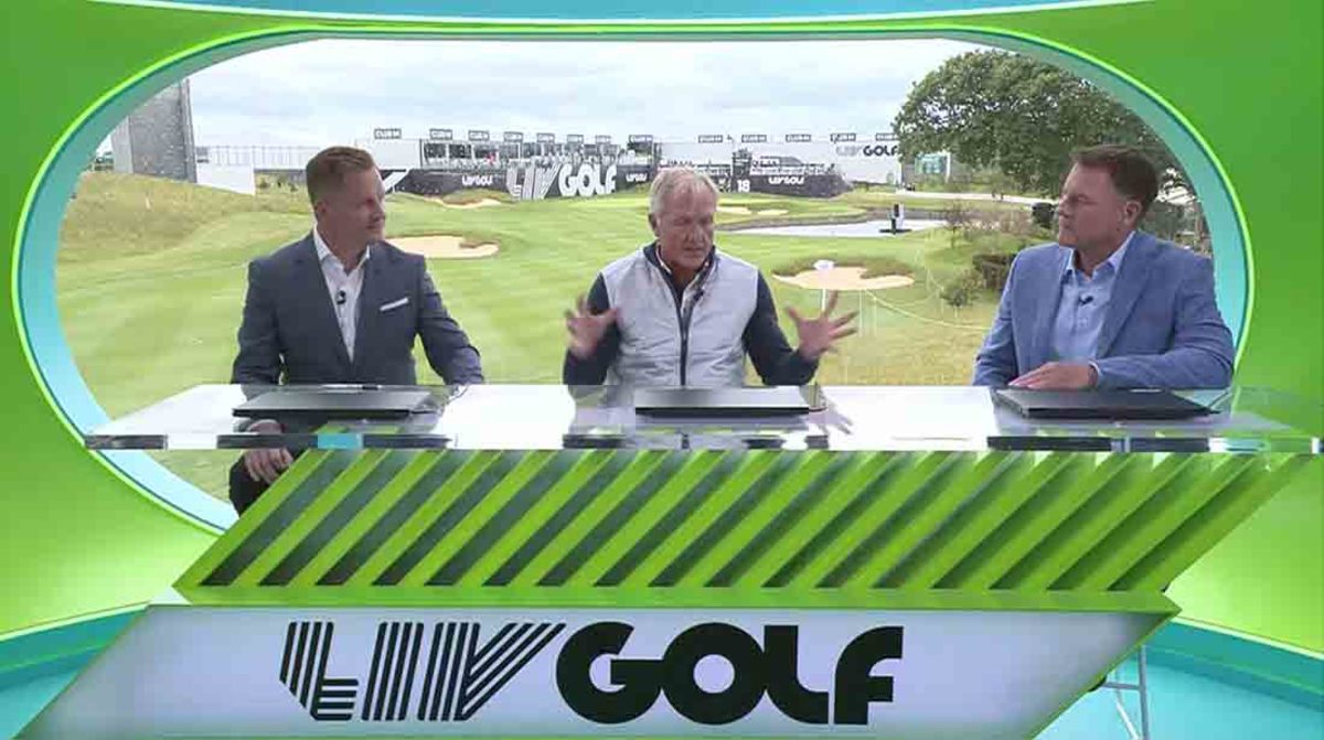 Arlo White, Greg Norman and Jerry Foltz in the opening broadcast booth. 