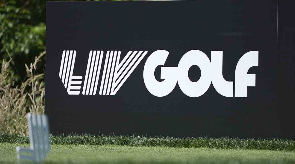 LIV Golf signage is pictured at a 2022 event.
