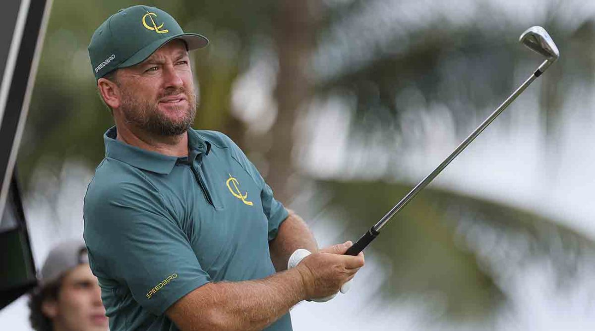 Graeme McDowell plays during the 2023 LIV Golf Miami golf tournament at Trump National Doral.
