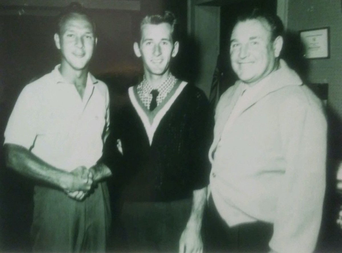 A young Arnold Palmer, left, with Vince Yanovitch, center, and Harry Obitz pictured at the Shawnee Inn and Golf Resort. 