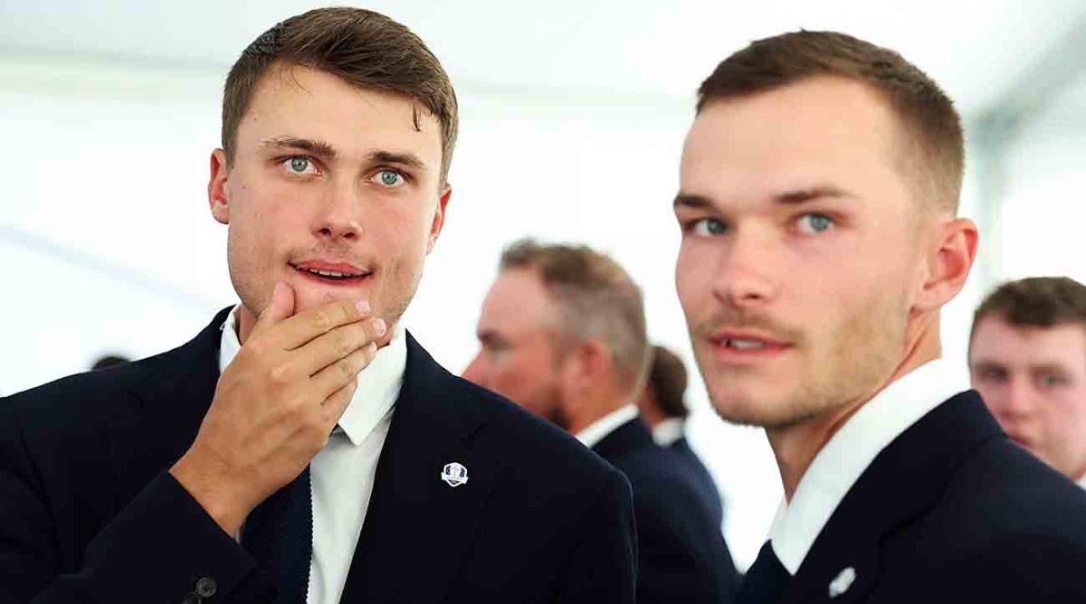 Ludvig Aberg of Team Europe looks on ahead of walking on stage alongside teammate Nicolai Hojgaard during the opening ceremony for the 2023 Ryder Cup at Marco Simone Golf Club in Rome, Italy.
