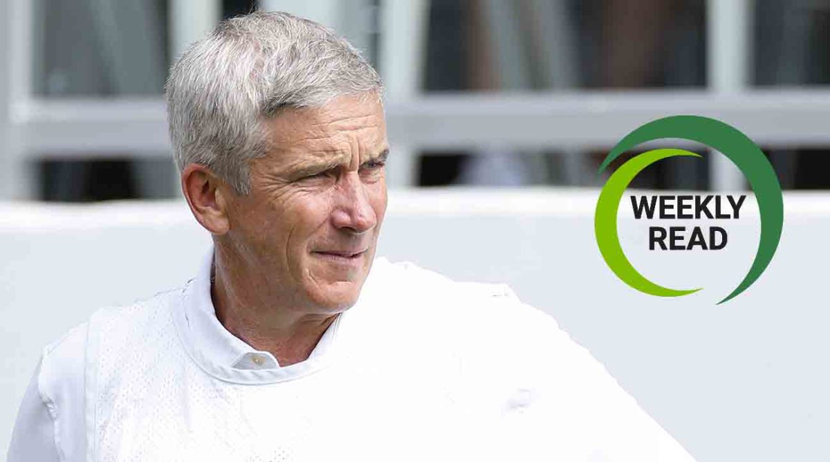 Jay Monahan is pictured at the 2023 Tour Championship along with the SI Golf Weekly Read logo.