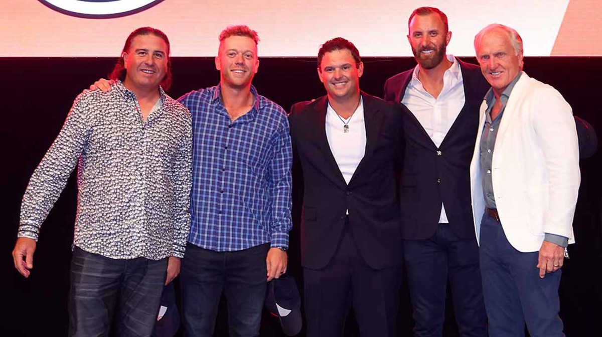 LIV Golf's 4 Aces team of (from left to right) Pat Perez, Talor Gooch, Patrick Reed and Dustin Johnson is pictured with LIV Golf CEO Greg Norman.