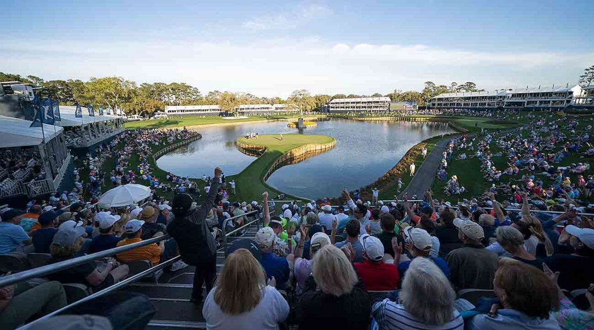 The 17th green at TPC Sawgrass is pictured from the top of grandstands at the 2020 Players Championship.