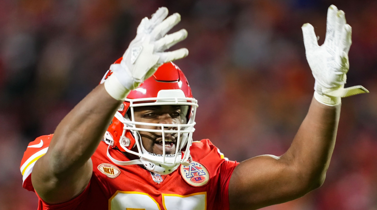 Chiefs defensive tackle Chris Jones reacts to a play.