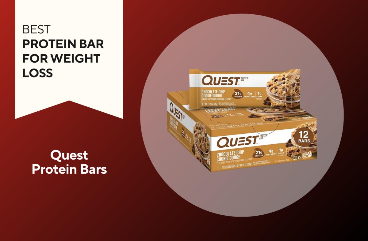 A red and black background with a white banner that reads Best Protein Bar for Weight Loss next to an image of quest protein bars