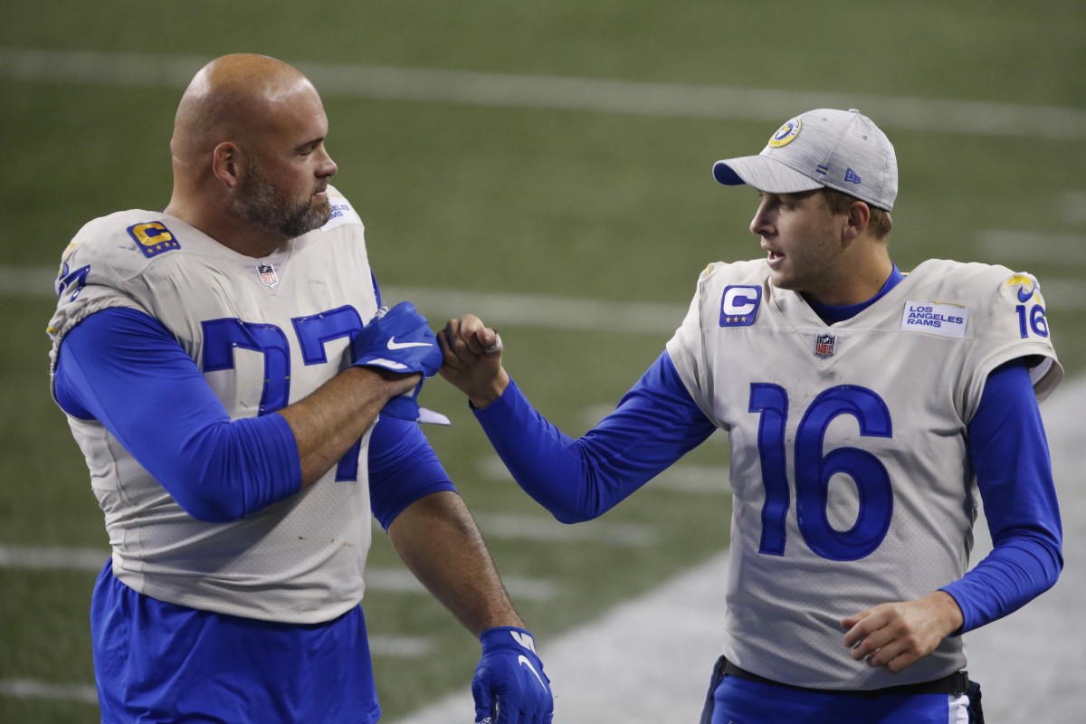 Former Rams offensive tackle Andrew Whitworth and quarterback Jared Goff.