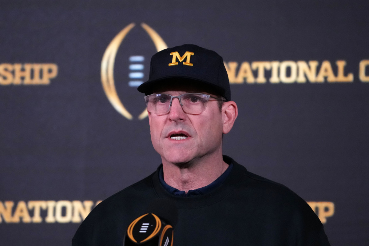 Jan 9, 2024; Houston, TX, USA; Michigan Wolverines coach Jim Harbaugh during College Football National Championship press conference at JW Marriot Houston by the Galleria. 