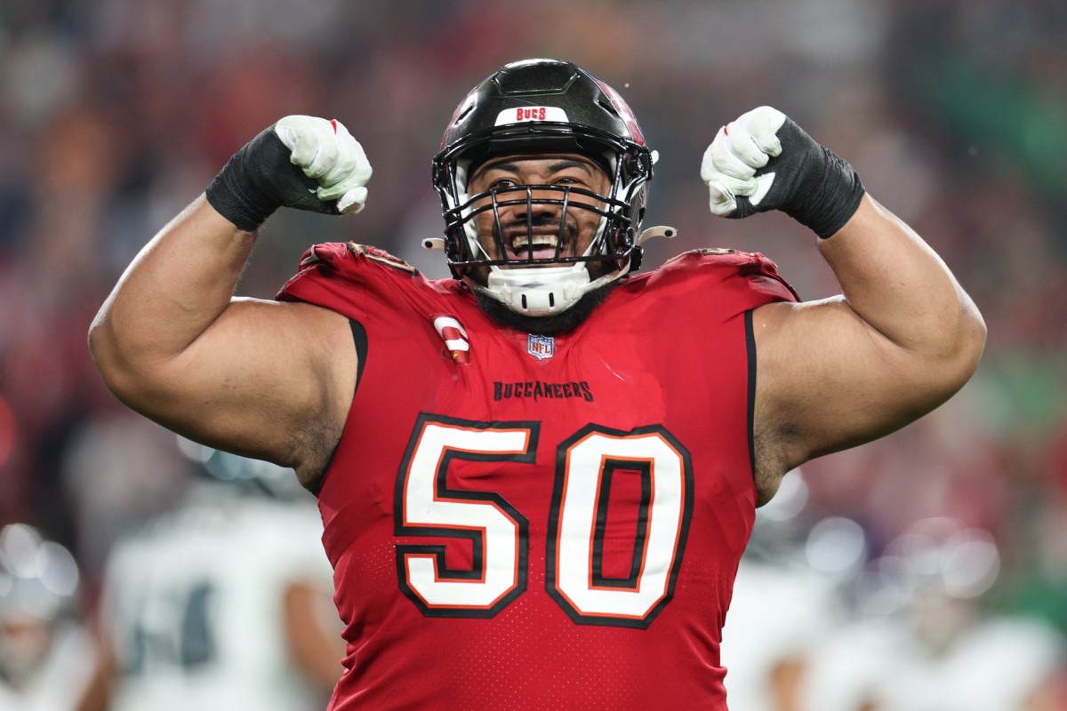 Tampa Bay Buccaneers defensive tackle Vita Vea (50) reacts after a play against the Philadelphia Eagles during the second half of a 2024 NFC wild card game at Raymond James Stadium.