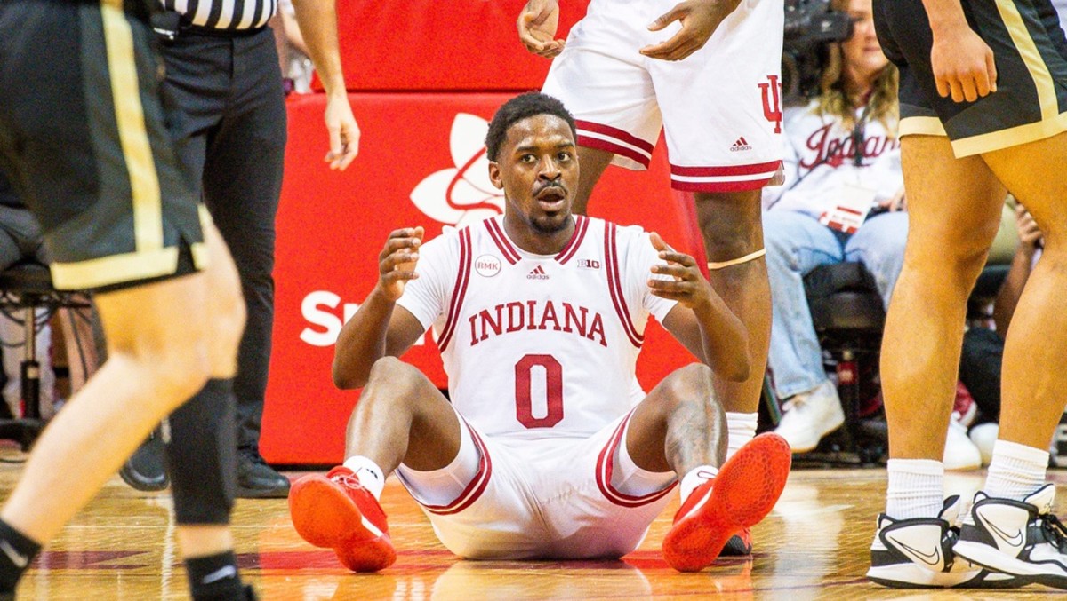 Indiana's Xavier Johnson (0) reacts to getting called for a foul during the second half of the Indiana versus Purdue men's basketball game at Simon Skjodt Assembly Hall on Tuesday, Jan. 16, 2024.