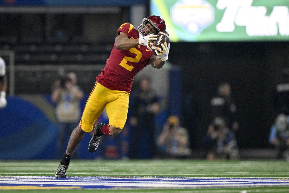 Jan 2, 2023; Arlington, Texas, USA; USC Trojans wide receiver Brenden Rice (2) in action during the game between the USC Trojans and the Tulane Green Wave in the 2023 Cotton Bowl at AT&T Stadium. Mandatory Credit: Jerome Miron-USA TODAY Sports  