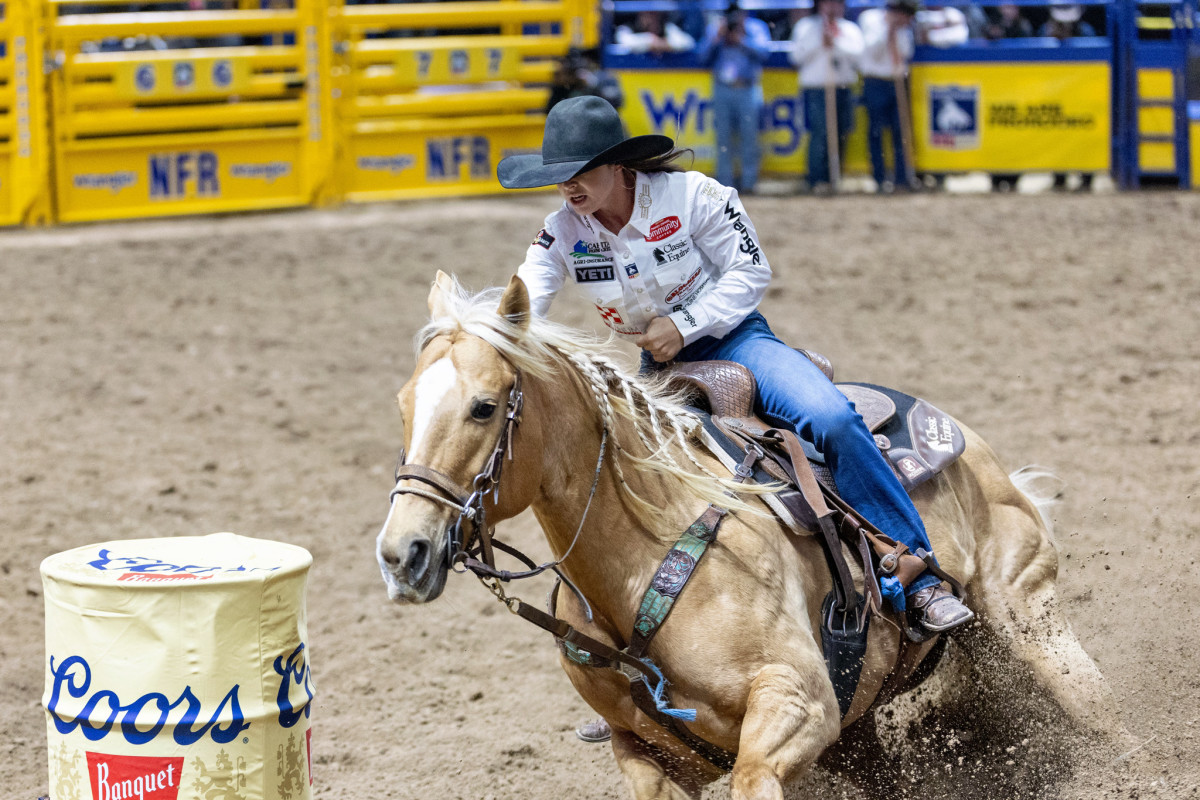 Hailey Kinsel competing at the 2023 Wrangler National Finals Rodeo.