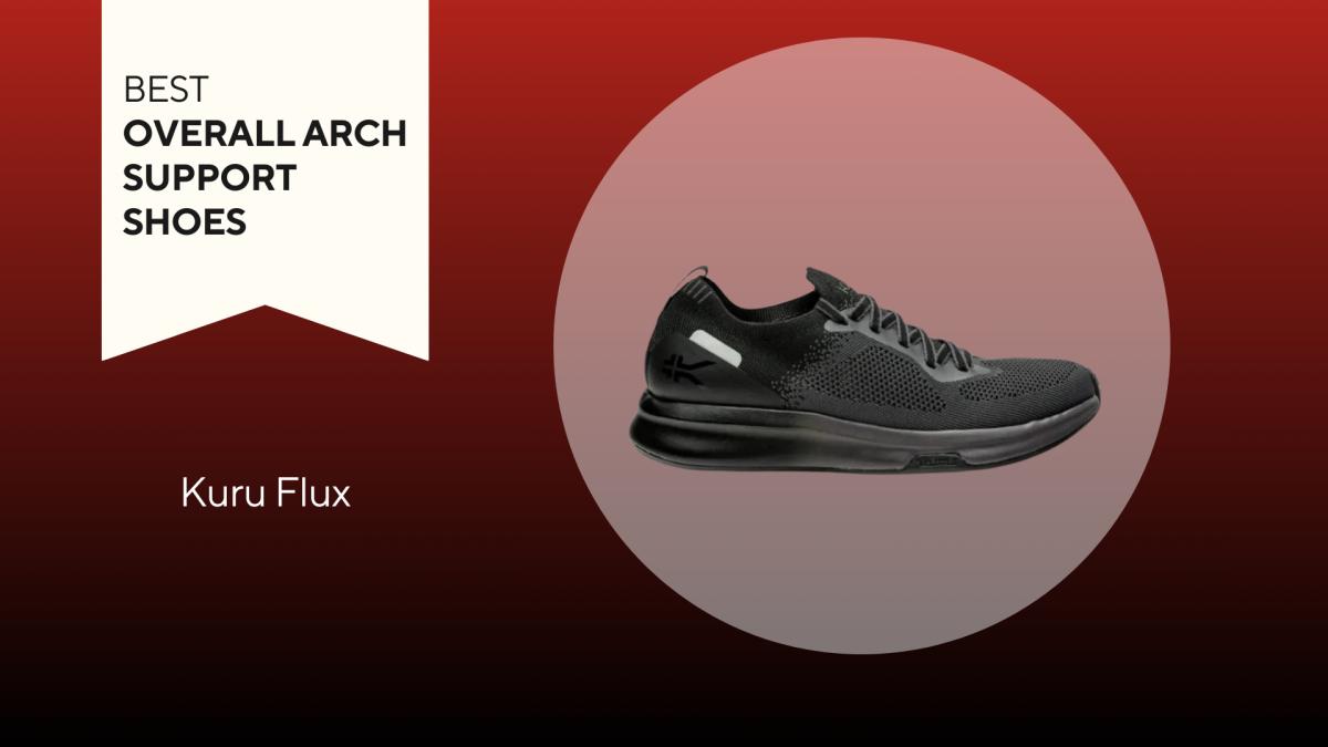 An image of a Kuru Flux shoe against a red background.