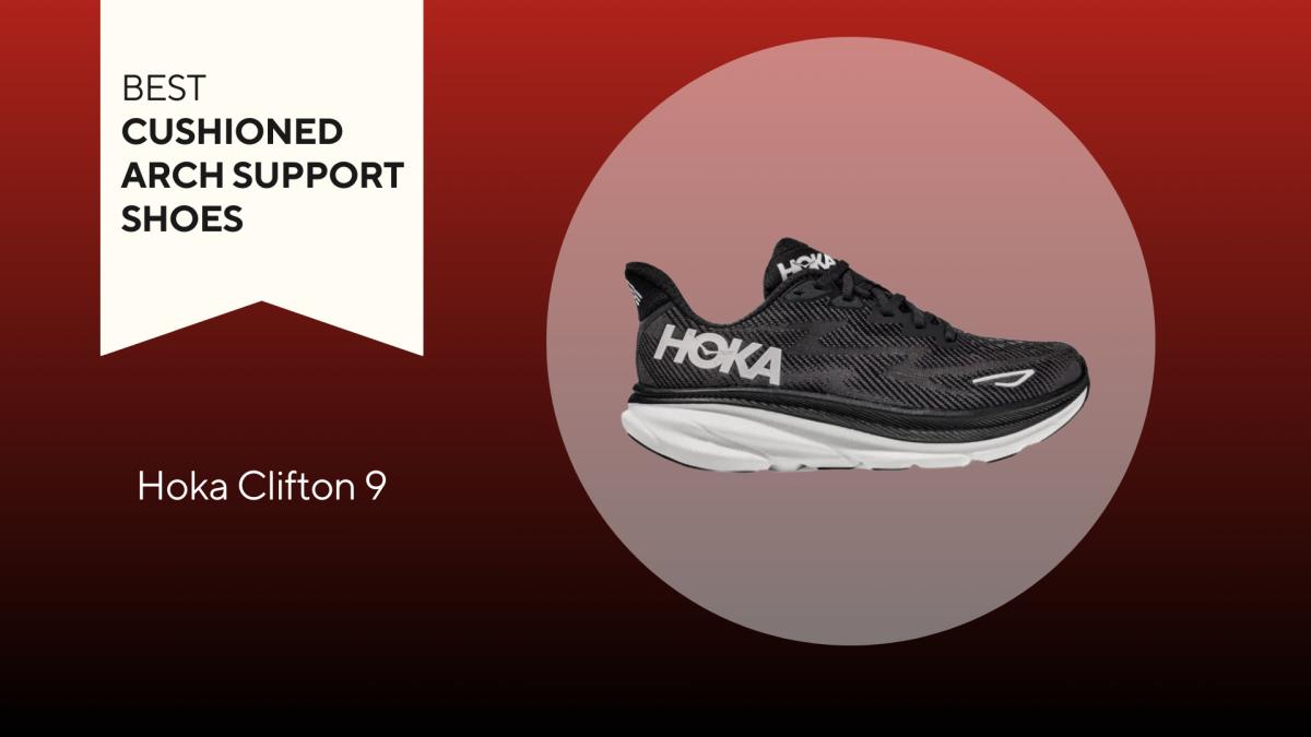 An image of a Hoka Clifton 9 shoe against a red background.