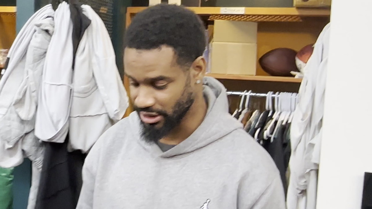 Darius Slay talks about the season during the Philadelphia Eagles' clean-out day on Jan. 17, 2024