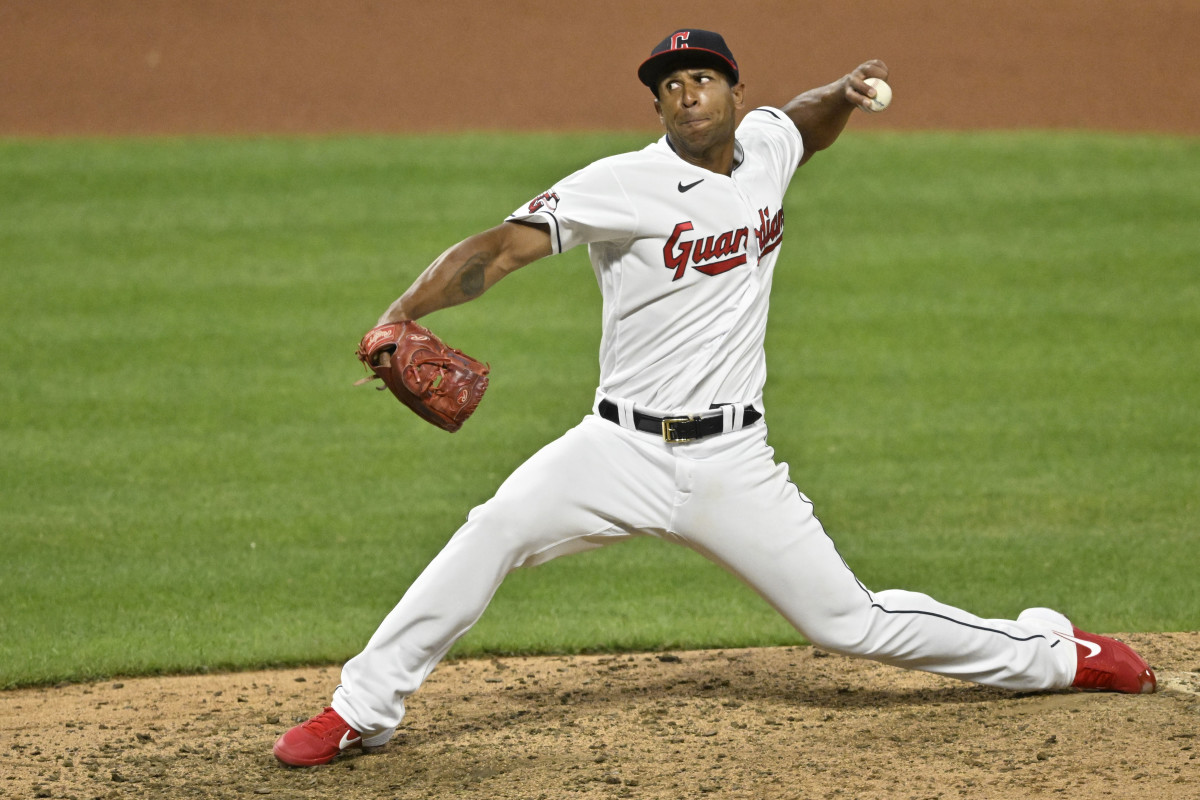 Jun 28, 2022; Cleveland, Ohio, USA; Cleveland Guardians relief pitcher Anthony Gose (26) delivers a pitch in the seventh inning against the Minnesota Twins at Progressive Field.