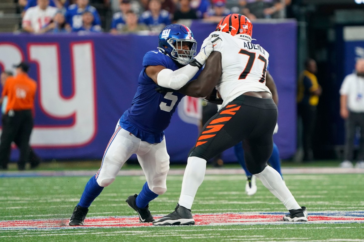 New York Giants defensive end Kayvon Thibodeaux (5) goes up against Cincinnati Bengals guard Hakeem Adeniji (77) during a preseason game at MetLife Stadium on August 21, 2022, in East Rutherford. Nfl Ny Giants Preseason Game Vs Bengals Bengals At Giants