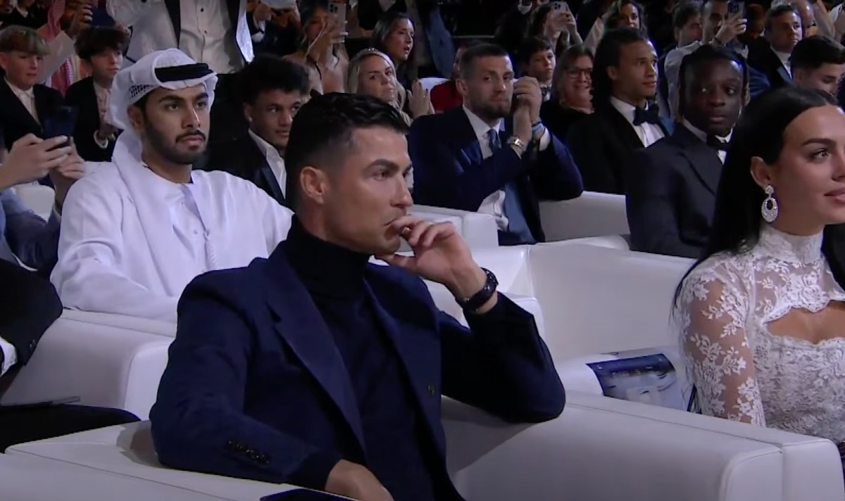 Cristiano Ronaldo pictured looking underwhelmed after being announced as the winner of the 2023 Best Middle East Player award