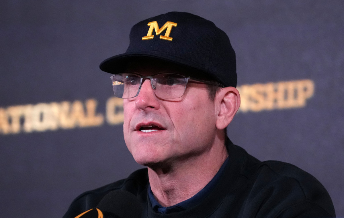 Jan 9, 2024; Houston, TX, USA; Michigan Wolverines coach Jim Harbaugh during College Football National Championship press conference at JW Marriot Houston by the Galleria.