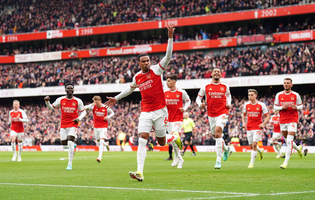 Arsenal's players pictured celebrating after Gabriel (center) scored the opening goal in a 5-0 win over Crystal Palace in January 2024