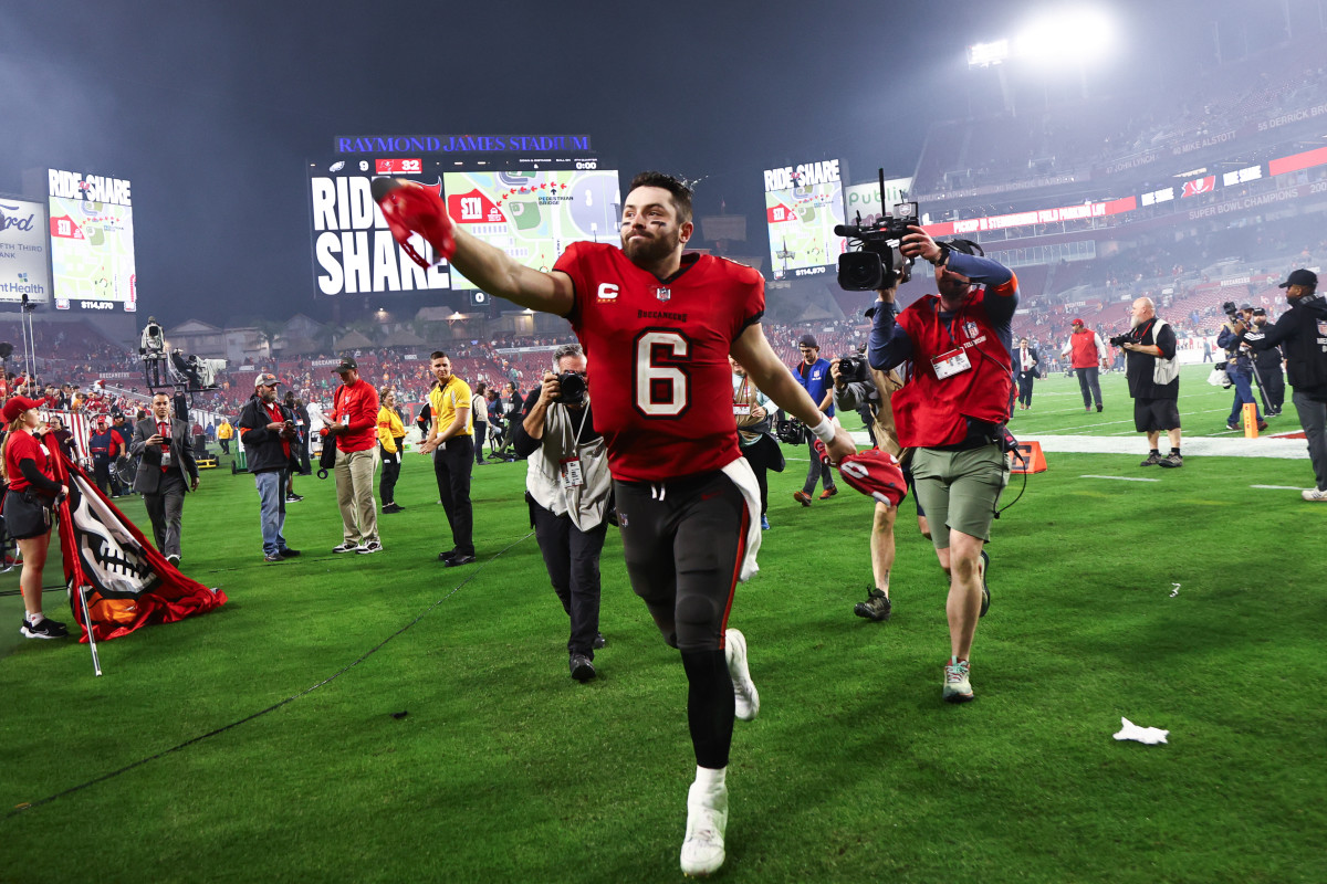 Jan 15, 2024; Tampa, Florida, USA; Tampa Bay Buccaneers quarterback Baker Mayfield (6) reacts after a victory against the Philadelphia Eagles in a 2024 NFC wild card game at Raymond James Stadium. Mandatory Credit: Kim Klement Neitzel-USA TODAY Sports