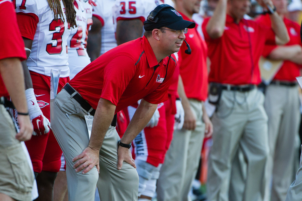 Pete Lembo on the sideline as Ball State's head coach (6th Sept., 2014)