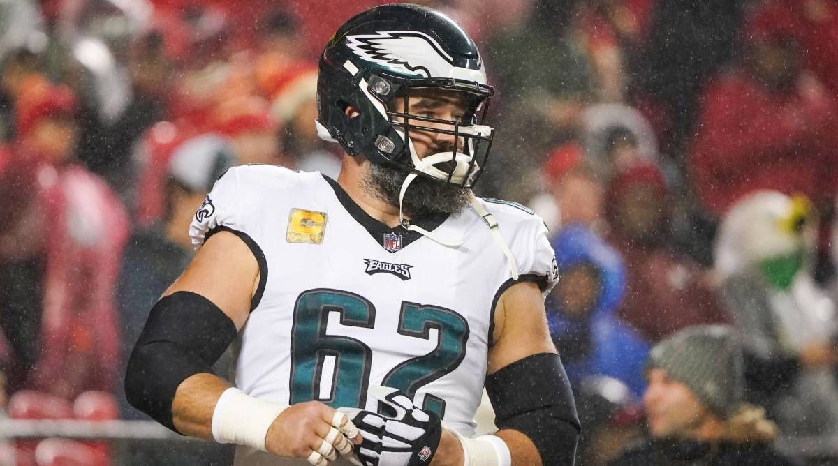 Eagles center Jason Kelce looks on while warming up before a game.