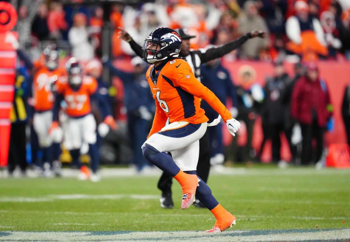 Denver Broncos safety P.J. Locke (6) celebrates his sack against the Cleveland Browns in the fourth quarter at Empower Field at Mile High.