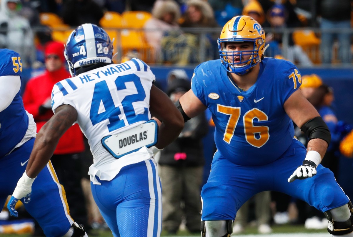 Nov 19, 2022; Pittsburgh, Pennsylvania, USA; Pittsburgh Panthers offensive lineman Matt Goncalves (76) blocks at the line of scrimmage against Duke Blue Devils linebacker Shaka Heyward (42) during the first quarter at Acrisure Stadium. Mandatory Credit: Charles LeClaire-USA TODAY Sports  