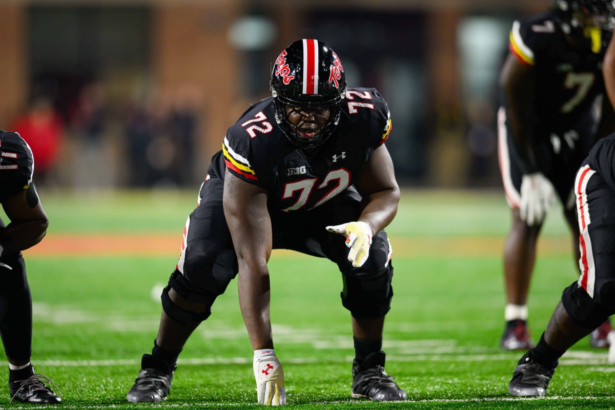 Sep 15, 2023; College Park, Maryland, USA; Maryland Terrapins offensive lineman Gottlieb Ayedze (72) during the third quarter against the Virginia Cavaliers at SECU Stadium. Mandatory Credit: Reggie Hildred-USA TODAY Sports  