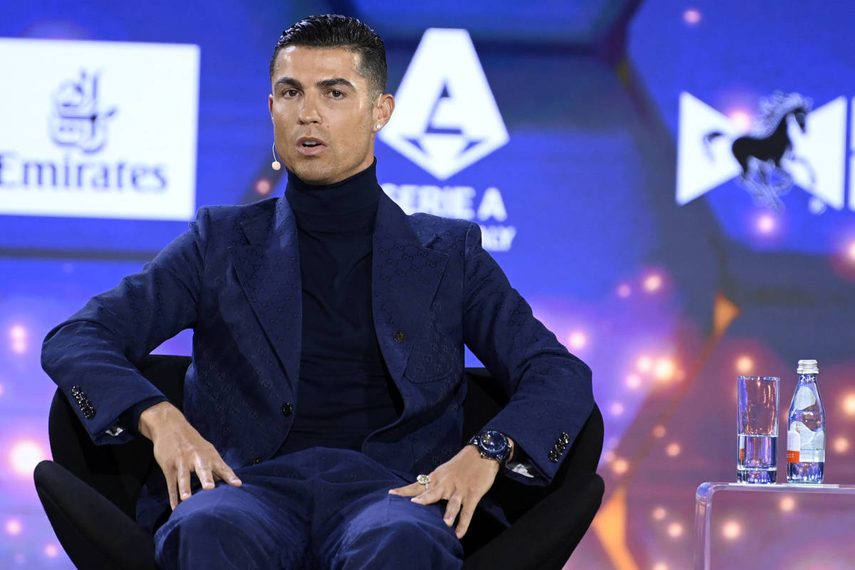 Cristiano Ronaldo pictured during a Q&A session on stage at the 2023 Globe Soccer Awards in Dubai in January 2024