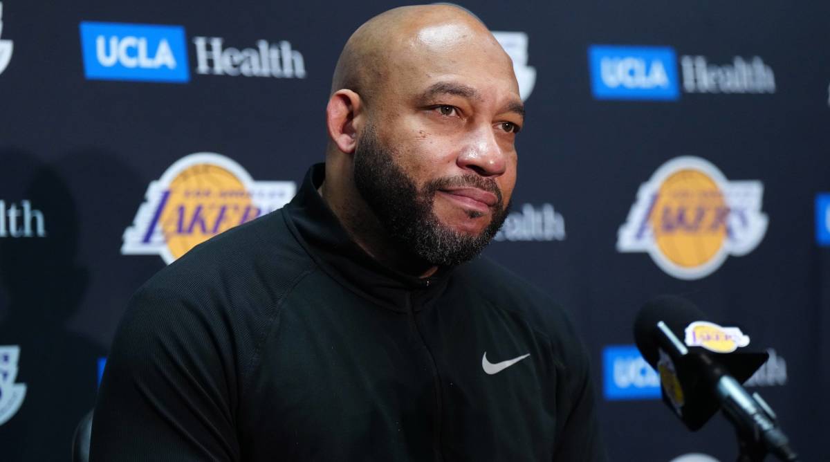 Lakers head coach Darvin Ham speaks with the media after a game vs. the Brooklyn Nets.