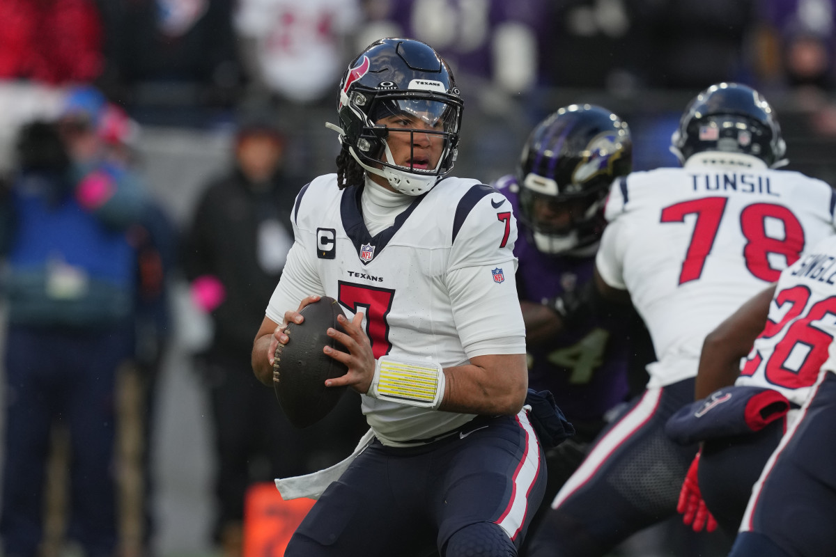 Jan 20, 2024; Baltimore, MD, USA; Houston Texans quarterback C.J. Stroud (7) drops back to pass against the Baltimore Ravens in the first half of a 2024 AFC divisional round game at M&T Bank Stadium.