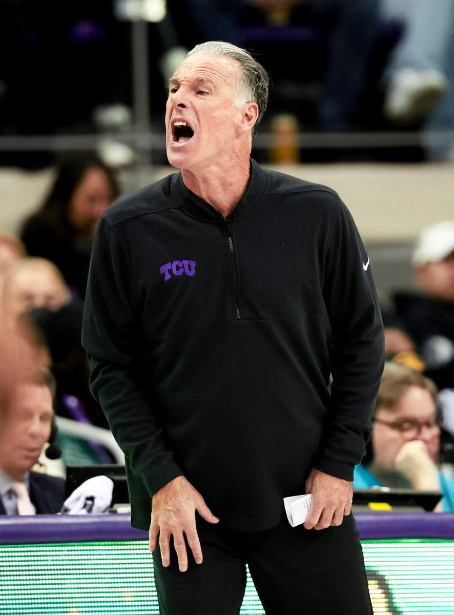 Jan 20, 2024; Fort Worth, Texas, USA; TCU Horned Frogs head coach Jamie Dixon reacts during the first half against the Iowa State Cyclones at Ed and Rae Schollmaier Arena. Mandatory Credit: Kevin Jairaj-USA TODAY Sports  