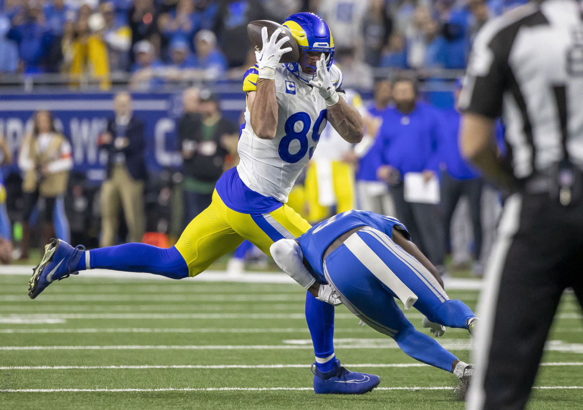 Jan 14, 2024; Detroit, Michigan, USA; Detroit Lions safety Kerby Joseph (31) breaks up a catch attempt by Los Angeles Rams tight end Tyler Higbee (89) during the second half of a 2024 NFC wild card game at Ford Field. 
