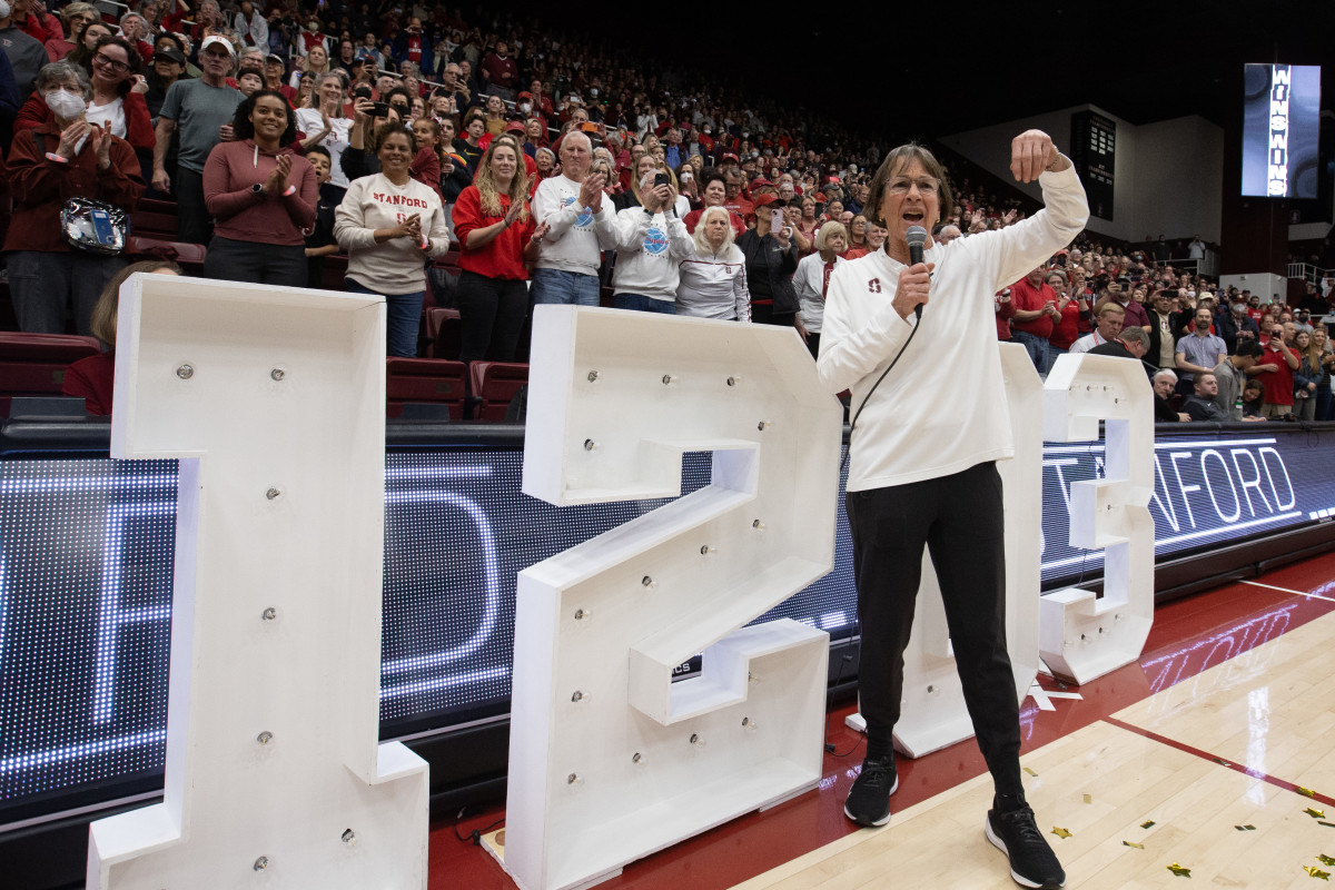 Jan 21, 2024; Stanford, California, USA; Stanford Cardinal head coach Tara VanDerveer addresses the crowd at Maples Pavilion following her record-setting 1,203rd collegiate coaching victory, a 65-56 win over the Oregon State Beavers. Mandatory Credit: D. Ross Cameron-USA TODAY Sports