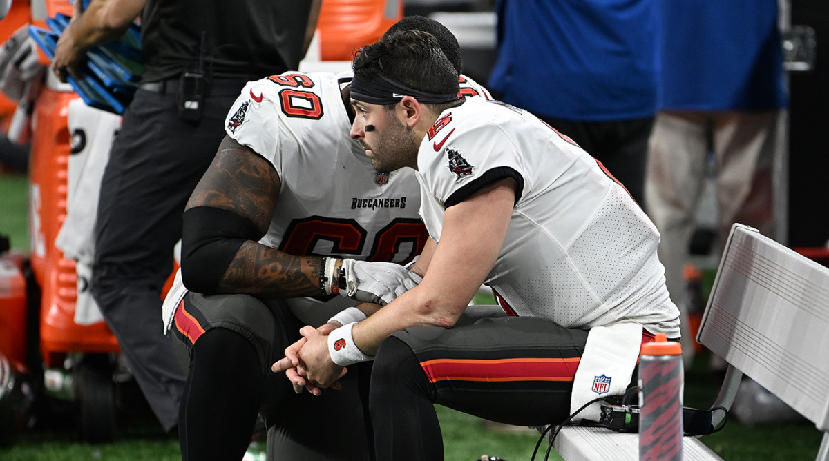 Tampa Bay Buccaneers quarterback Baker Mayfield on the bench during the divisional round vs. the Detroit Lions.