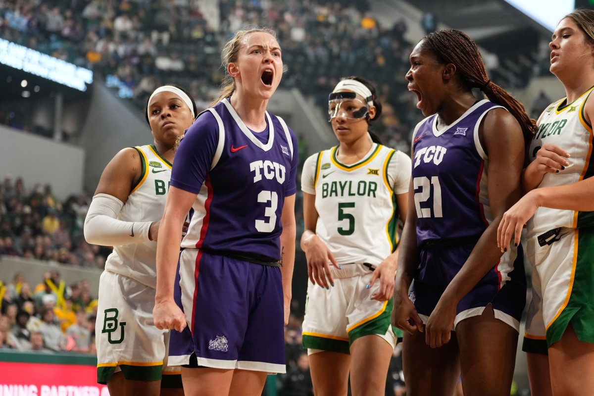 Jan 3, 2024; Waco, Texas, USA; TCU Horned Frogs guard Madison Conner (3) celebrates after a score against Baylor Lady Bears guard Yaya Felder (2) during the first half at Paul and Alejandra Foster Pavilion. Mandatory Credit: Chris Jones-USA TODAY Sports