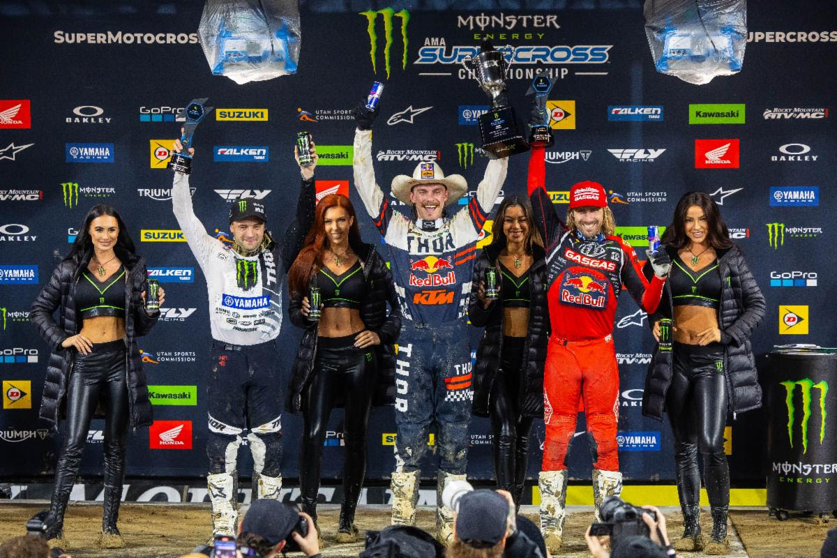 450SX Class podium (racers left to right) Cooper Webb, Aaron Plessinger, and Justin Barcia. Photo Credit: Feld Motor Sports, Inc.