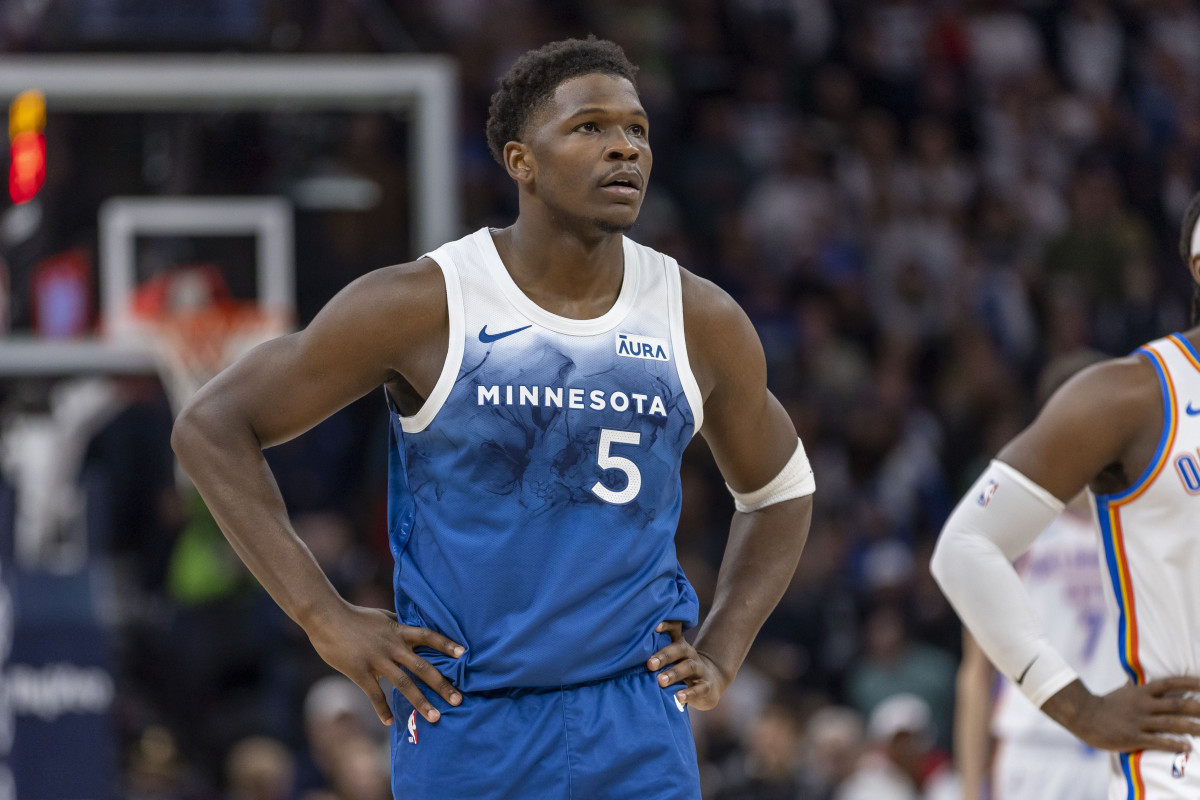 Jan 20, 2024; Minneapolis, Minnesota, USA; Minnesota Timberwolves guard Anthony Edwards (5) looks on against the Oklahoma City Thunder in the first half at Target Center.