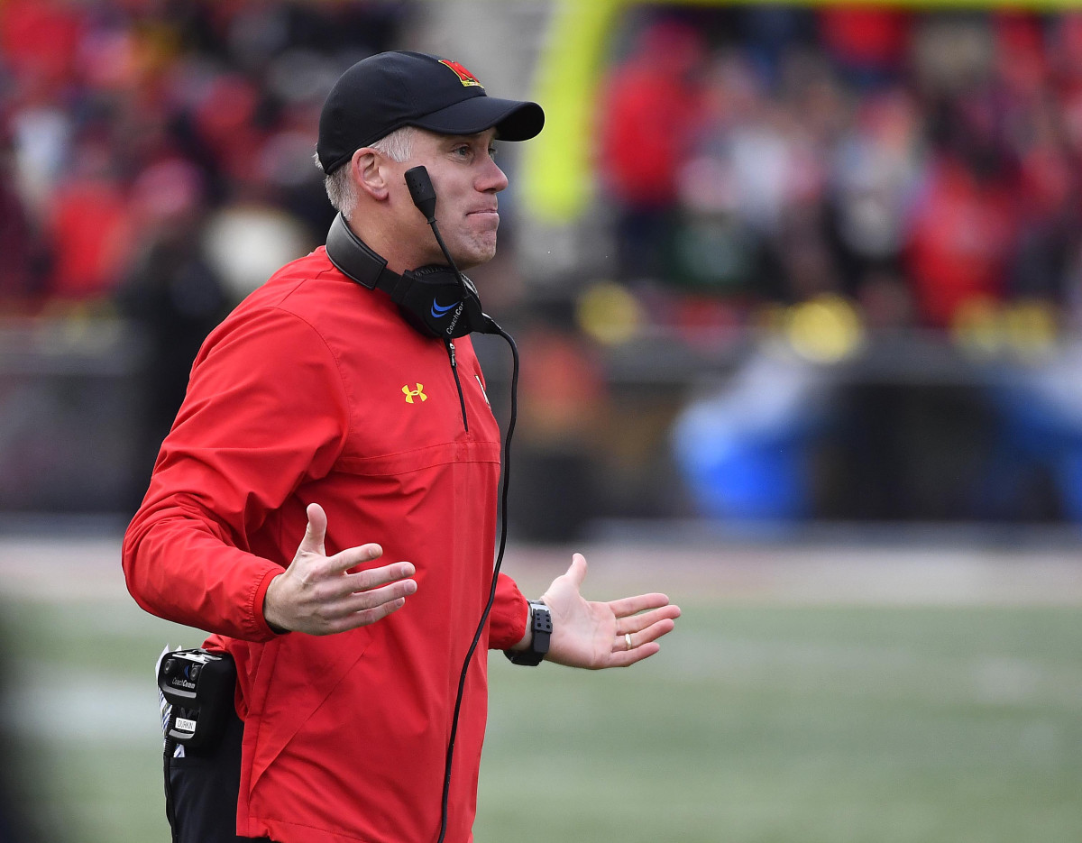 Nov 11, 2017; College Park, MD, USA; Maryland Terrapins head coach DJ Durkin looks on against the Michigan Wolverines during the first half at Maryland Stadium. Mandatory Credit: Brad Mills-USA TODAY Sports  