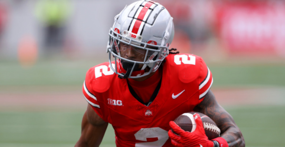 Ohio State Buckeyes wide receiver Emeka Egbuka catches a pass during a college football game in the Big Ten.